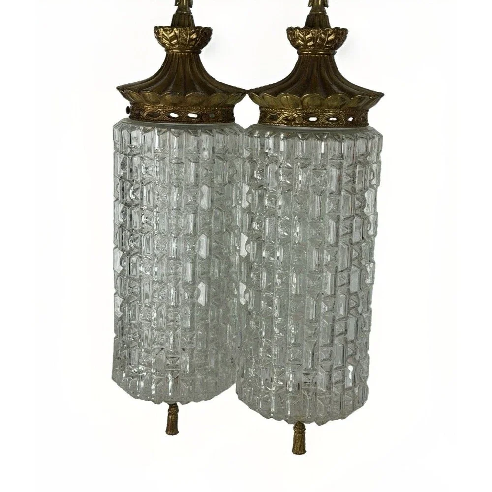 Vintage 1960s Carl Falkenstein Hollywood Regency Block Glass Swag Pendant Lamps